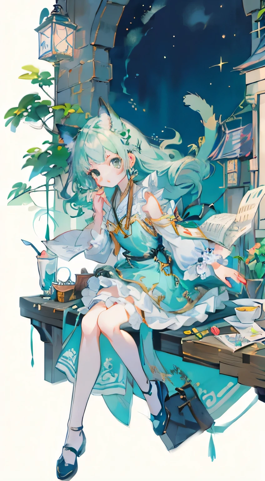 ((table top, highest quality: 1.1), ((Anime girl in a blue dress with a magic wand)), art nouveau、Anime cat girl wearing a maid costume, , ((Green hairs))、long haired person、((Eyes that shine like jewels, long eyelashes, and a sense of transparency))、Very Beautiful Anime cat girl, anime cat girl, ((white knee highs)), Attractive cat girl, I&#39;m at the candy store,Inspired by Leiko Ikemura, Aya Takano color style, in ryuuou no oshigoto art style, cat girl, Character you admire, rei hiroe、Smiling