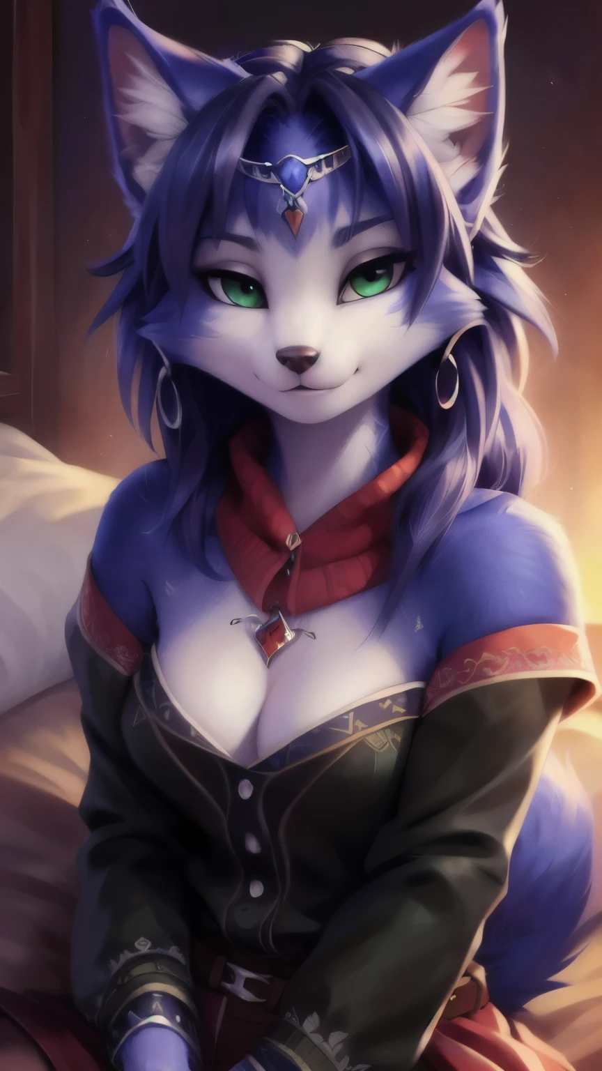 A beautiful and detailed (sweet portrait) von ((Krystal)), Sternenfuchs Krystal, Schlank, liebenswert, green eyes, medium breasts, (((Lange blaue Haare 1.3))),  Dekollete, Grinsen, hoch schauen,, anthro, Pelzig, Hochgeladen E621, detailed flauschige fur, (von Fluff-Kevlar, Bayard Wu, personalami, Pino Daeni), detailliertes Gesicht, (flauschige), 1 girl, Allein, auf einem bett liegend, alltagskleidung, heller pullover 1.3, schwarze hose, fernsehen