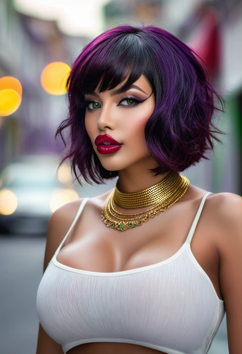 (best quality, masterpiece, colorful, dynamic angle, highest detailed, hyper realistic)(\Nadia la Arwall\), upper body professional photo, fashion photography of cute dark purple bob-cut hair, dark-skinned, girl ((\Nadia la Arwall\)), intense green eyes, gold triple neck ring, necklace, strapless, white tube top, red vest (high resolution textures), in dynamic pose, bokeh, (intricate details, hyperdetailed:1.15), detailed, sunlight passing through hair, (Caraibbian island background)(high contrast, official art, extreme detailed, highest detailed,natural skin texture, hyperrealism, soft light, sharp, perfect face)