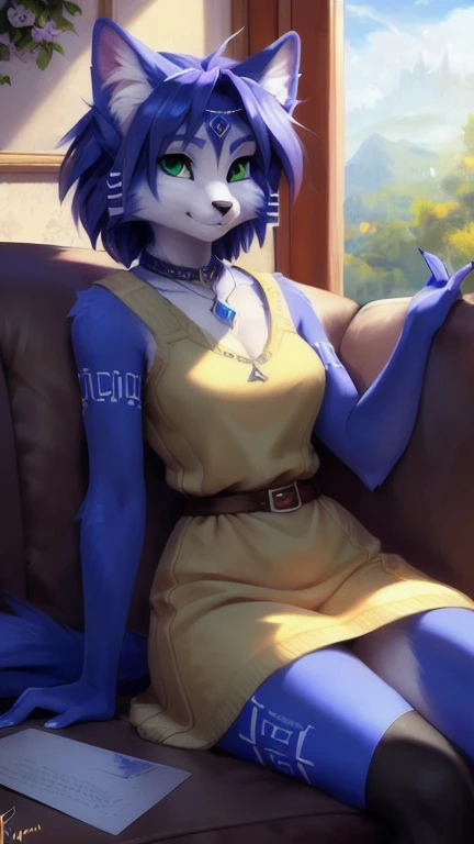 A beautiful and detailed (sweet portrait) von ((Krystal)), Sternenfuchs Krystal, Schlank, liebenswert, green eyes, medium breasts, (((Lange blaue Haare 1.3))), Dekollete, Grinsen, hoch schauen,, anthro, Pelzig, Hochgeladen E621, detailed flauschige fur, (von Fluff-Kevlar, Bayard Wu, personalami, Pino Daeni), detailliertes Gesicht, (flauschige), 1 girl, Allein, auf einem sofa sitzend, alltagskleidung, heller pullover 1.3, schwarze hose