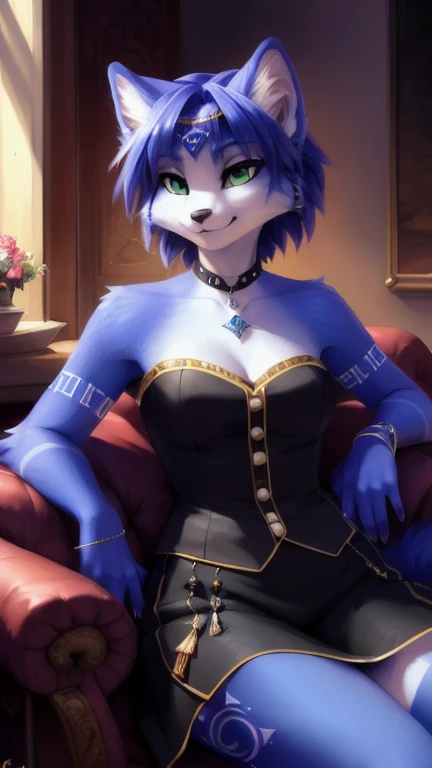 A beautiful and detailed (sweet portrait) von ((Krystal)), Sternenfuchs Krystal, Schlank, liebenswert, green eyes, medium breasts, (((Lange blaue Haare 1.3))),  Dekollete, Grinsen, hoch schauen,, anthro, Pelzig, Hochgeladen E621, detailed flauschige fur, (von Fluff-Kevlar, Bayard Wu, personalami, Pino Daeni), detailliertes Gesicht, (flauschige), 1 girl, Allein, auf einem sofa sitzend, alltagskleidung, heller pullover 1.3, schwarze hose
