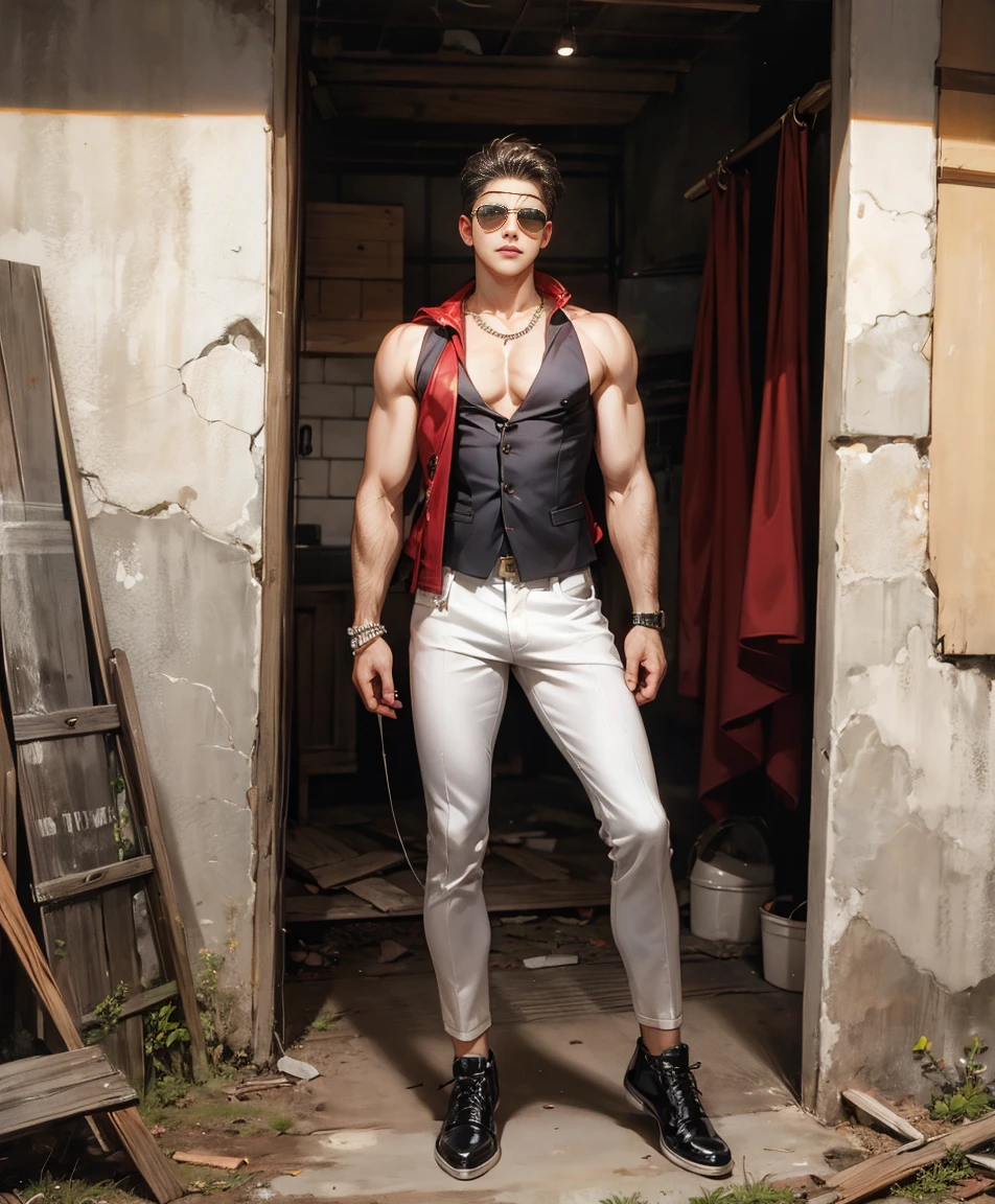 HD quality, high definition,male 18 years old handsome, muscular and slim, red lips, leaning against a wall inside abandoned oasis naked exposed penis, model with bracelets, earrings and Necklace, wearing head band and sunglasses, open vest, full sexy body, angry browse, wearing shoes