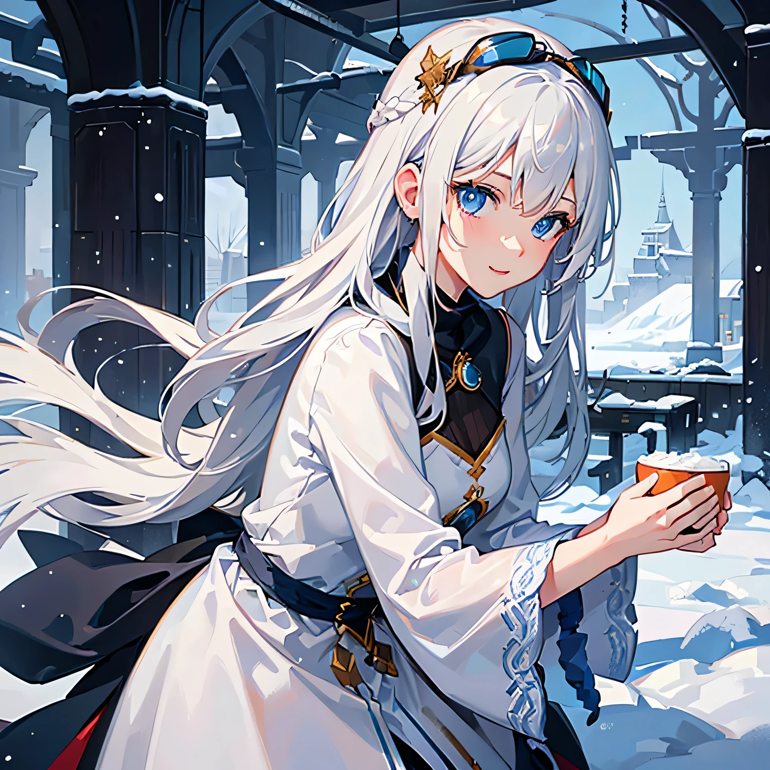 ((Very detailed)), 4K, ((Cinema Lighting)), close, Fantasy World, snow, market, Market stalls, Adult female, dirty, guard,White-silver hair color，Wear goggles on your head, blue eyes, ((Beautiful Eyes)), Happy expression, Hold the cannon，white fluffy fur