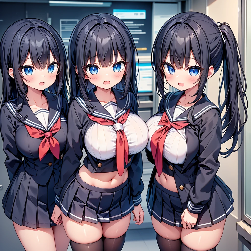 highest quality,wonderful,finely,extremely detailed CG Unity 8K wallpaper, (Stand in line:1.2), (3 girls, Black Hair, side ponytaol, cute eyes, sailor uniform, clothed), (huge ), (open mouth:1.1), (long tongue:1.1), (mouth drool:1.1), (black stockings:1.1),(Thighs:1.1),(Waistline:1.1)