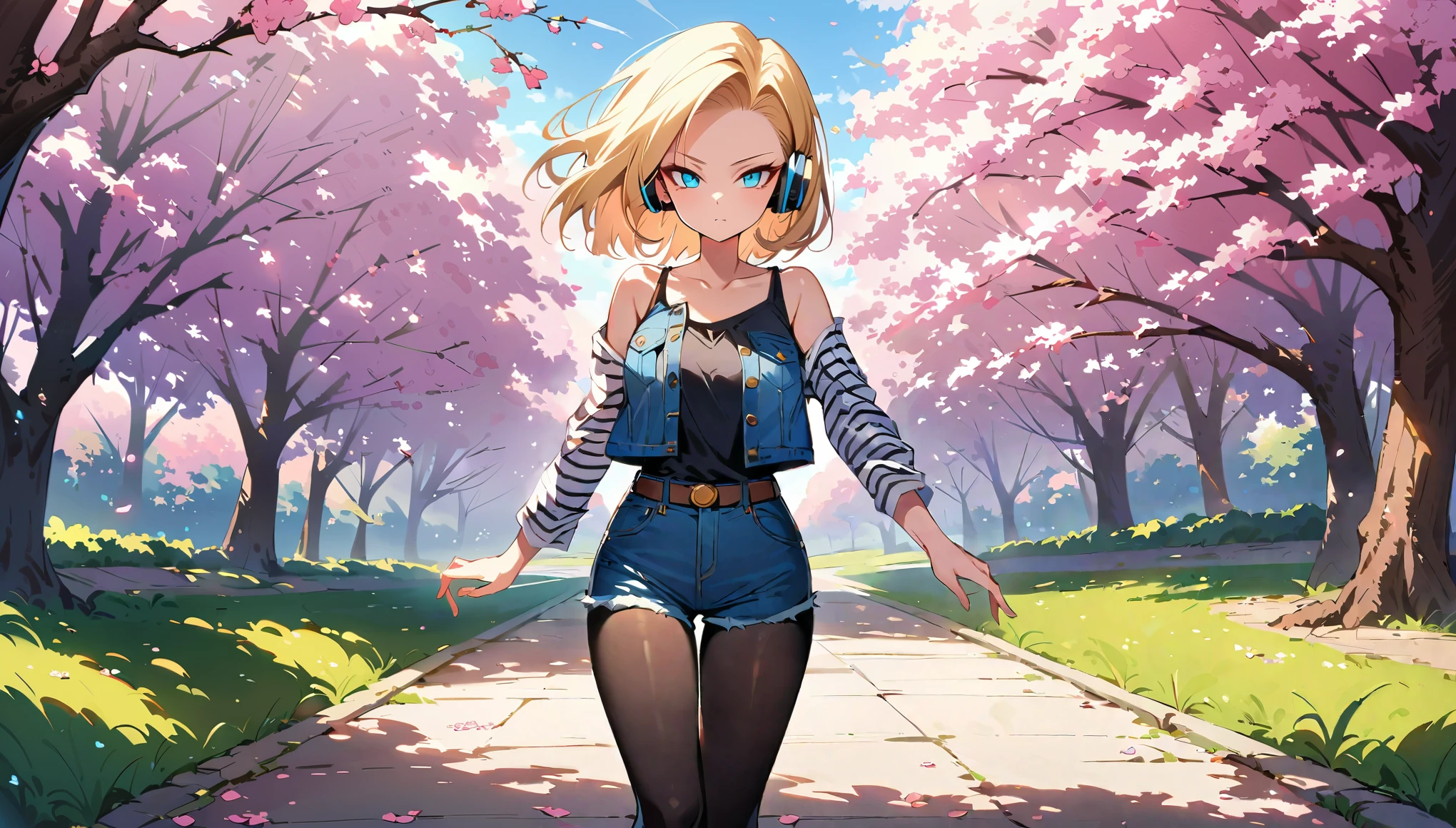 (masterpiece, best quality:1.2), frontal full body shot of Android 18 from Dragon Ball, slender feminine figure, walking pose with one foot in front of the other, facing camera, upright posture, Zen-like expression, narrow waistline, (white over-ear headphones must be worn), short blonde hair, blue eyes, earrings on earlobes, denim vest, black pantyhose, black cropped camisole, denim shorts, striped long sleeves, walking on a path lined with cherry blossom trees in full bloom, petals gently falling around her, sunlight filtering through pink blossoms, serene nature scene, 4K