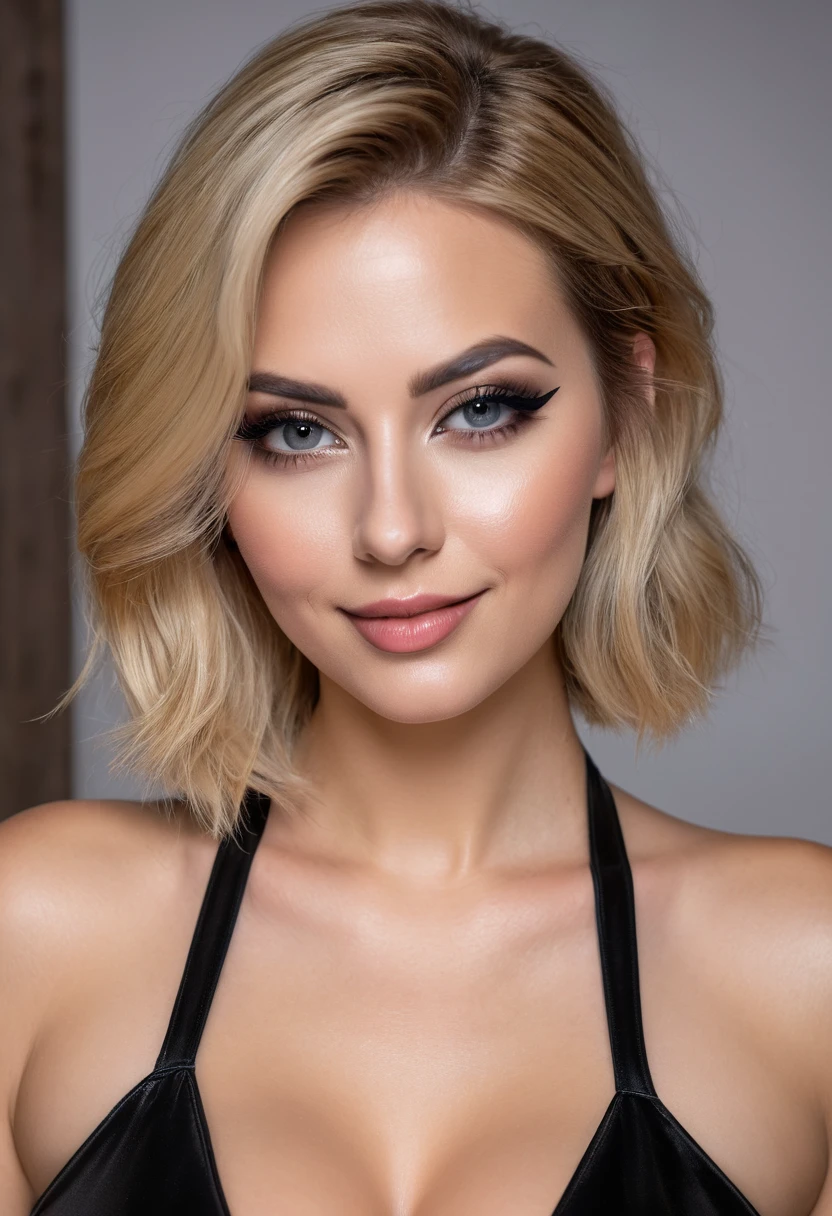 hyperrealistic beautiful busty 30-year-old women in ultra shiny black jumpsuit, model shooting mugshot photography, dyed blonde classic bob, dark eye makeup with eyeliner, seductive smile, 8K, best quality, Meisterwerk, ultra high resolution, (Realismus: 1.4), Originalfoto, (realistische Hautstruktur: 1.3), (Filmkorn: 1.3), (Selfie-Winkel), 1 girl, Beautiful eyes and facial details, Meisterwerk, best quality