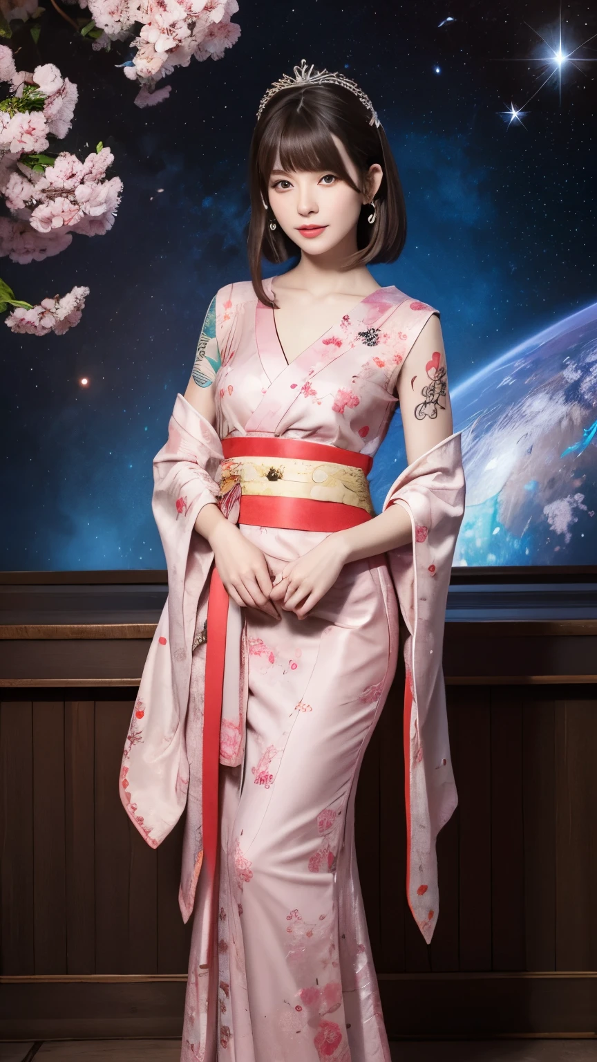 Viewer&#39;s perspective,Portrait of a 21 year old saint,Charming アダルト saint in a long dress made of thin silk, beautiful saint with an old face, Big blue eyes, She is wearing a bright pink colorful dress:1.5, beautiful face without blemishes, ((Hair length 7 colors:1.2)), large crown, Hair brooch, Hanfu Dress, chinese ancient style, Full Body Jewelry, 額のtattoo, faceのtattoo,Very even breasts, face, innocent face, The most beautiful and delicate pale pink lipstick, ((Thin and plump lips:0.3)), ((Golden Eyes Color:0.6)), Detailed and subtle lighting effects, Light and Dark, Dramatic lighting, Magic Light, Highly detailed light, Natural Color, Ultra Sharp, Realistic, 8K quality, Fantasy space background, A space of saints and magic, The most detailed image, ((alone:0.3)), ((to the saints:0.6)), ((saintを真っ直ぐ見つめる&#39;Upper Body:0.4)), ((Smooth skin:0.5)), ((saint&#39;Veil:0.6)),tattoo , フェイスtattoo,Oiran , Clothing made from jewels , cherry blossoms , 🌸 , grassland ,  Close your eyes and sleep on the chair.:1.5 