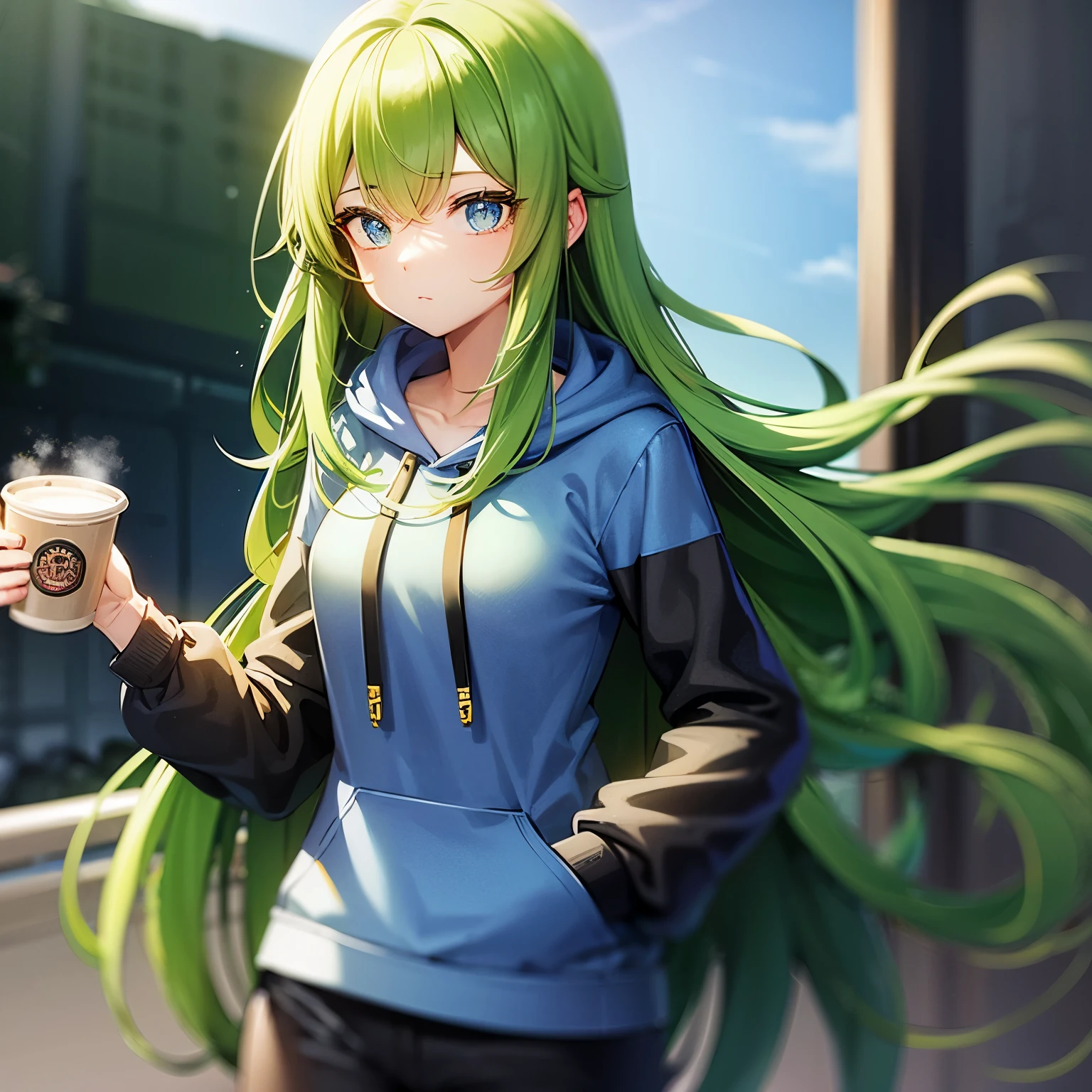 Cool girl, green long hair, blue eyes, wearing yellow hoodie, with a cup of coffee on hands