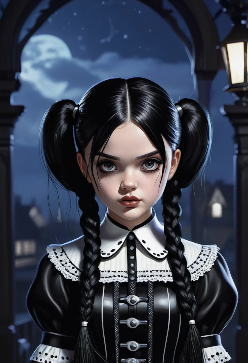an extremely detailed digital illustration, high resolution, masterpiece, (of Chr1st1naR1cc1 as Wednesday Addams), black hair, (twin braids:1.2), cowboy shot, long hair, looking at viewer, (black onepiece with white polka dots, with white collar), bangs, black eyes, short sword, grumpy face, glaring, from above, front view, at night, dark ambient lighting, , wednesday addams, lightning