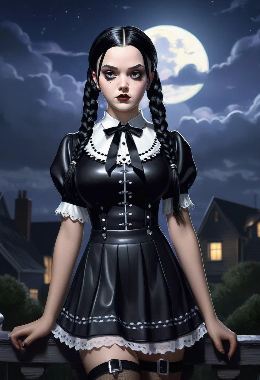 an extremely detailed digital illustration, high resolution, masterpiece, (of Chr1st1naR1cc1 as Wednesday Addams), black hair, (twin braids:1.2), cowboy shot, long hair, looking at viewer, (black onepiece with white polka dots, with white collar), bangs, black eyes, short sword, grumpy face, glaring, from above, front view, at night, dark ambient lighting, , wednesday addams, lightning