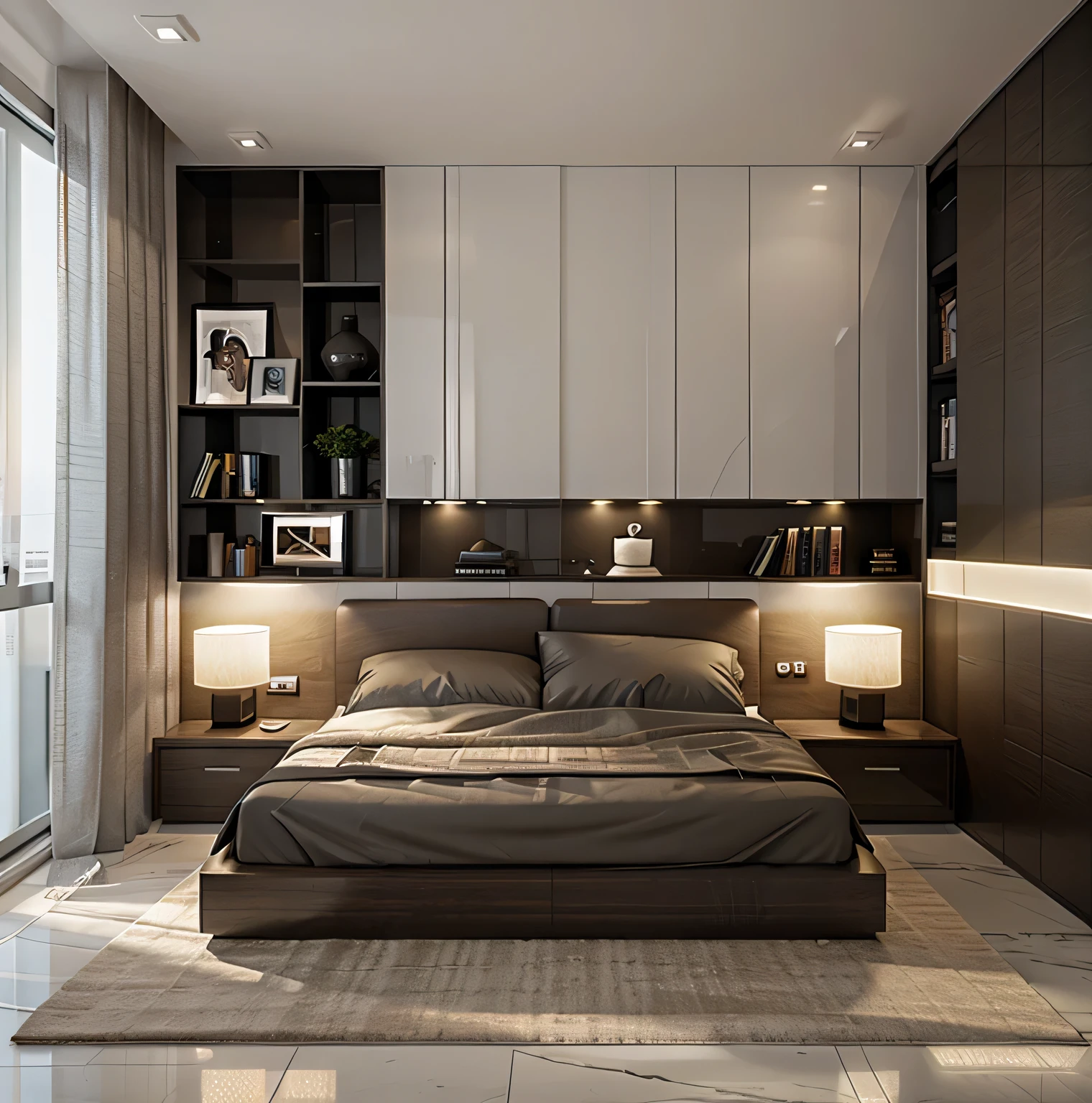 (best quality,8K,masterpiece:1.3),bedroom design,sofa,plaster ceiling,glossy marble floor,warm tone,HD,bedroom furniture