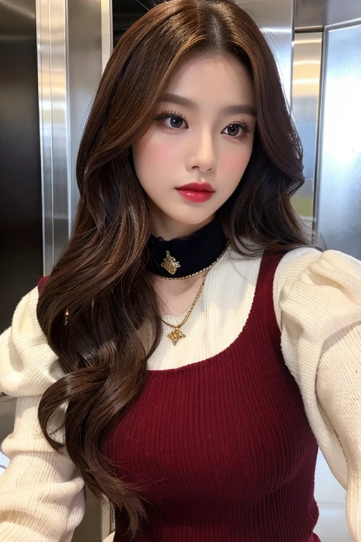 (((Selfie)))、Burgundy long hair、Curly Hair、Department store elevator、Luxurious and gorgeous、Gold decoration、Red Lip、BREAK、white setup、BREAK、Black necklace、Organza long sleeves、Wear a pastel-colored vest、fashionable、Detailed fingers、Detailed Background、Detailed body