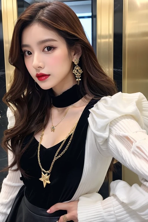 (((Selfie)))、Burgundy long hair、Curly Hair、Department store elevator、Luxurious and gorgeous、Gold decoration、Red Lip、BREAK、white setup、BREAK、Black necklace、Organza long sleeves、Wear a pastel-colored vest、fashionable、Detailed fingers、Detailed Background、Detailed body