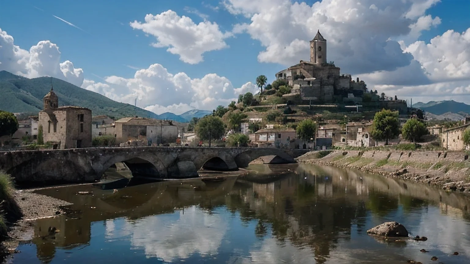 photo panoramic, un pueblo antiguo, con casas en ruinas, calles enpedradas, cielo azul con algunas nubes, al fondo una antigua iglesia, f/16, 135mm, Sony FE GM, Nikon, 360 view, first-person view, cinematic lighting, reflection light, ray tracing, high quality, 8k, 16k, highres, best quality, award winning, high details, super detail, masterpiece