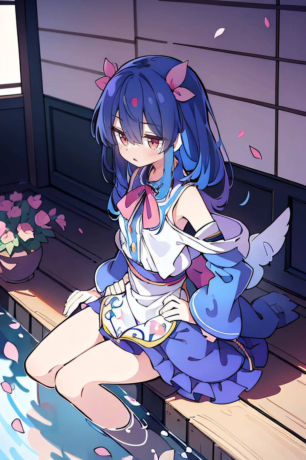 (best quality, masterpiece:1.2), expressive eyes, perfect face, 1 girl, hands on waist, beautiful, gorgeous, Japanese animation, Lola, Hinamori Angel, blue hair, floating clothes, waist grab, waist grab, hands on hips, sitting, sitting on the ground, legs on the ground, flat-chested, falling petals, sitting in a pavilion, pavilion.