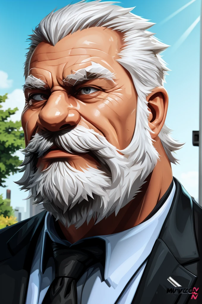 (vector:2.0, mwvector), portrait, muscular old man in park, beard, happy, summer, suits, detailed vector, high detail, half body, realistic, white hair