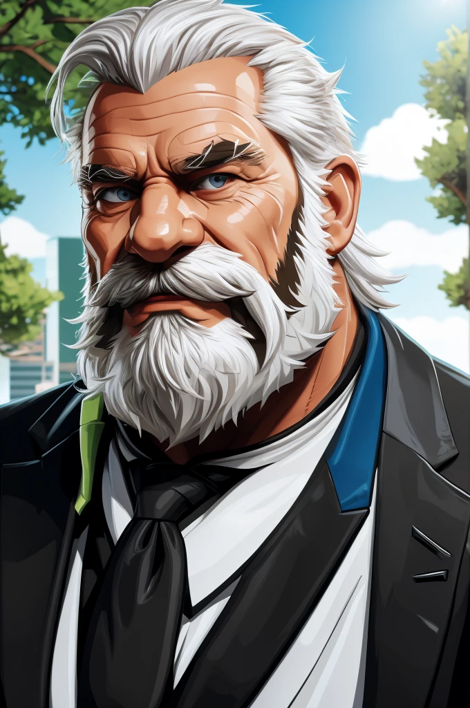 (vector:2.0, mwvector), portrait, muscular old man in park, beard, happy, summer, suits, detailed vector, high detail, half body, realistic, white hair