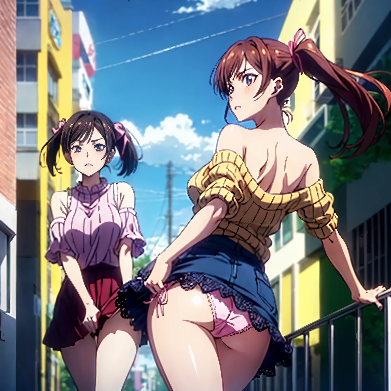 (Browsing Caution:1.4), (An adult woman is walking down the street:1.3), (Adult women:1.3), whole body, Sole, (masterpiece, highest quality, High resolution, 超High resolution, Perfect Pixel, Depth of written boundary, 8K, RTTX 10.0), Cinema Lighting, Best Shadow, The best natural light, Cinematic, ((Smooth texture:0.75, Realistic texture:0.5, Anime CG Style)), Beautiful Anime Women, Beautiful art style, Anime characters, ((Detailed face:1.2)), (Brown Hair, Side Ponytail), Slender body,Beautiful thighs, ((Pink ribbon, sweater, Off the shoulder, Checkered Skirt)), (shiny pink satin panties:1.3)、(Horizontal lace panties that cover the butt:1.1), Embarrassed expression, Surprised expression, (A strong wind from below is blowing her skirt up:1.3), look back, Realistic, Angle from behind, Filming consensual sex with a woman