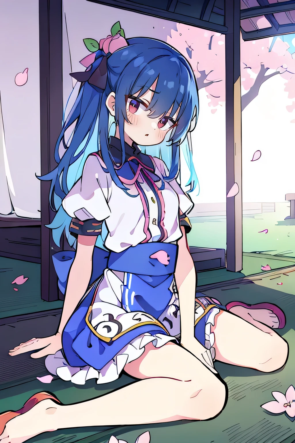 (best quality, masterpiece:1.2), expressive eyes, perfect face, 1 girl, hands on waist, beautiful, gorgeous, Japanese animation, Lola, Hinamori Angel, blue hair, floating clothes, waist grab, waist grab, hands on hips, sitting, sitting on the ground, legs on the ground, flat-chested, falling petals, sitting in a pavilion, pavilion.