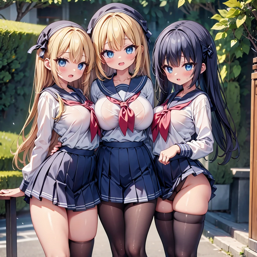 nsfw, {{{{{{{masterpiece}}}}}} {highly_detailed} {sketch} {highres}, {{{outdoors, In front of the school gate}}, micro bikini, 4girls, looking at viewer, standing, kneeling, {{small breasts}}, {{flat chest}}, {{{{{{{loli}}}}}}}, petit, {long hair}, blond hair?, bob cut, red hair?, blond hair?, blue hair?, [ponytail?], {slender}, red ribbon choker, smile, open mouth?, {{white socks, black socks}}, thighhighs, happy, smile, [[sweatdrop]], loafers , Bill Sienkiewicz inspired art