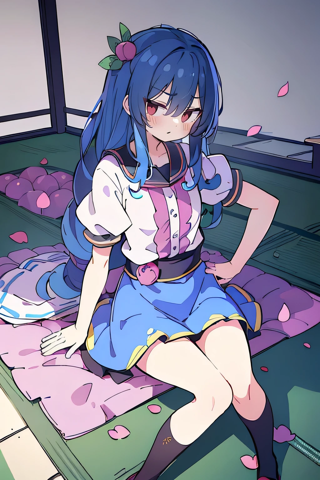 (best quality, masterpiece:1.2), expressive eyes, perfect face, 1 girl, hands on waist, beautiful, gorgeous, Japanese animation, Lola, Hinamori Angel, blue hair, floating clothes, waist grab, waist grab, hands on hips, sitting, sitting on the ground, legs on the ground, flat-chested, falling petals, sitting in a pavilion, pavilion.