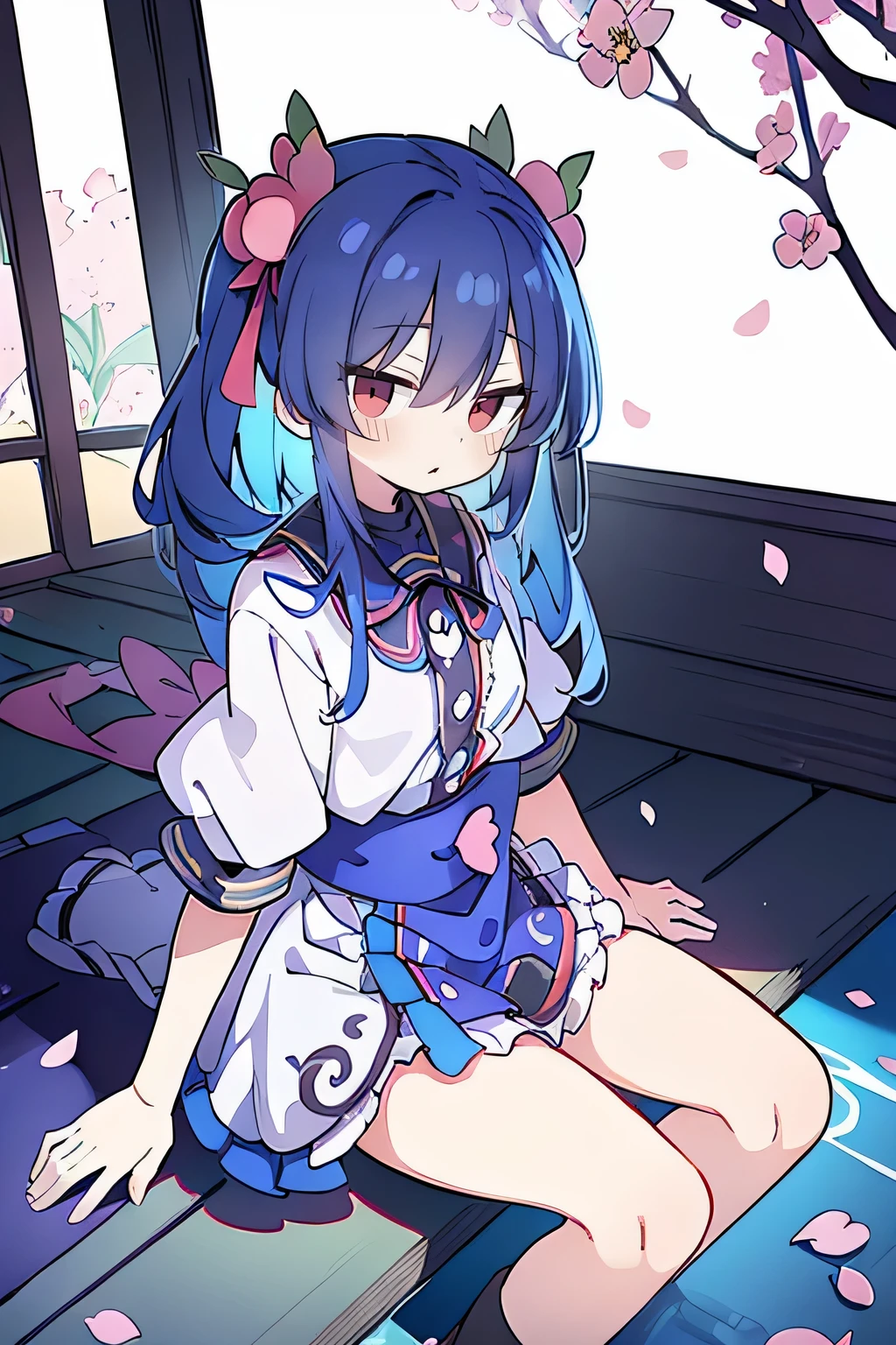 (best quality, masterpiece:1.2), expressive eyes, perfect face, 1 girl, hands on waist, beautiful, gorgeous, Japanese animation, Lola, Hinamori Angel, blue hair, floating clothes, waist grab, waist grab, hands on hips, sitting, sitting on the ground, legs on the ground, flat-chested, falling petals, sitting in a pavilion, pavilion.