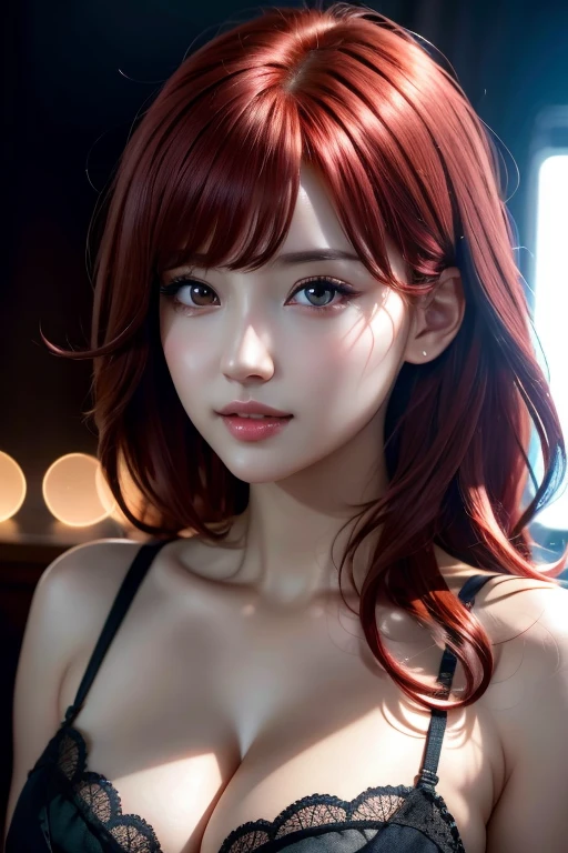 1girl, star eye, blush, perfect illumination, red hair, red eyes, unreal engine, side lighting, detailed face, bangs, bright skin, simple background, dark background