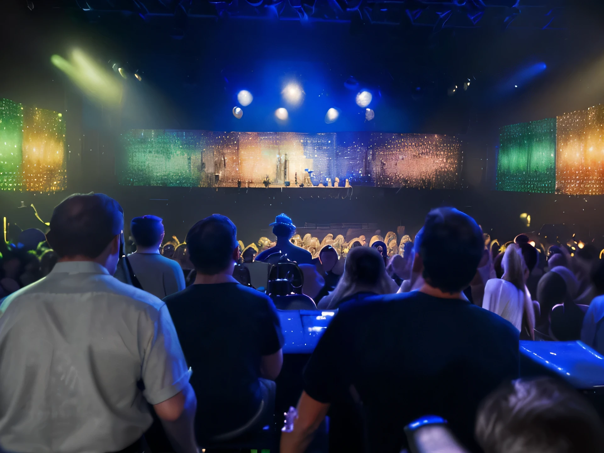 (masterpiece:1.2), (high-resolution:1.2), (ultra-detailed), (photorealistic:1.37), (a close-up of a)blue AND GREEN lights are lit up on a stage with a stage crew, theatrical lighting, blue scene lighting, stage lighting, advanced stage lighting, dramatic stage lighting, stage lighrt, ( ( stage lights ) ), musicians playing music in a crowded room with a band, performing, performing on stage, concert photo, by Matt Cavotta, band playing, live concert photography, by Dennis Flanders, on a stage, by Byron Galvez, very consistent, show, by Dan Frazier, live performance, on stage, on the stage