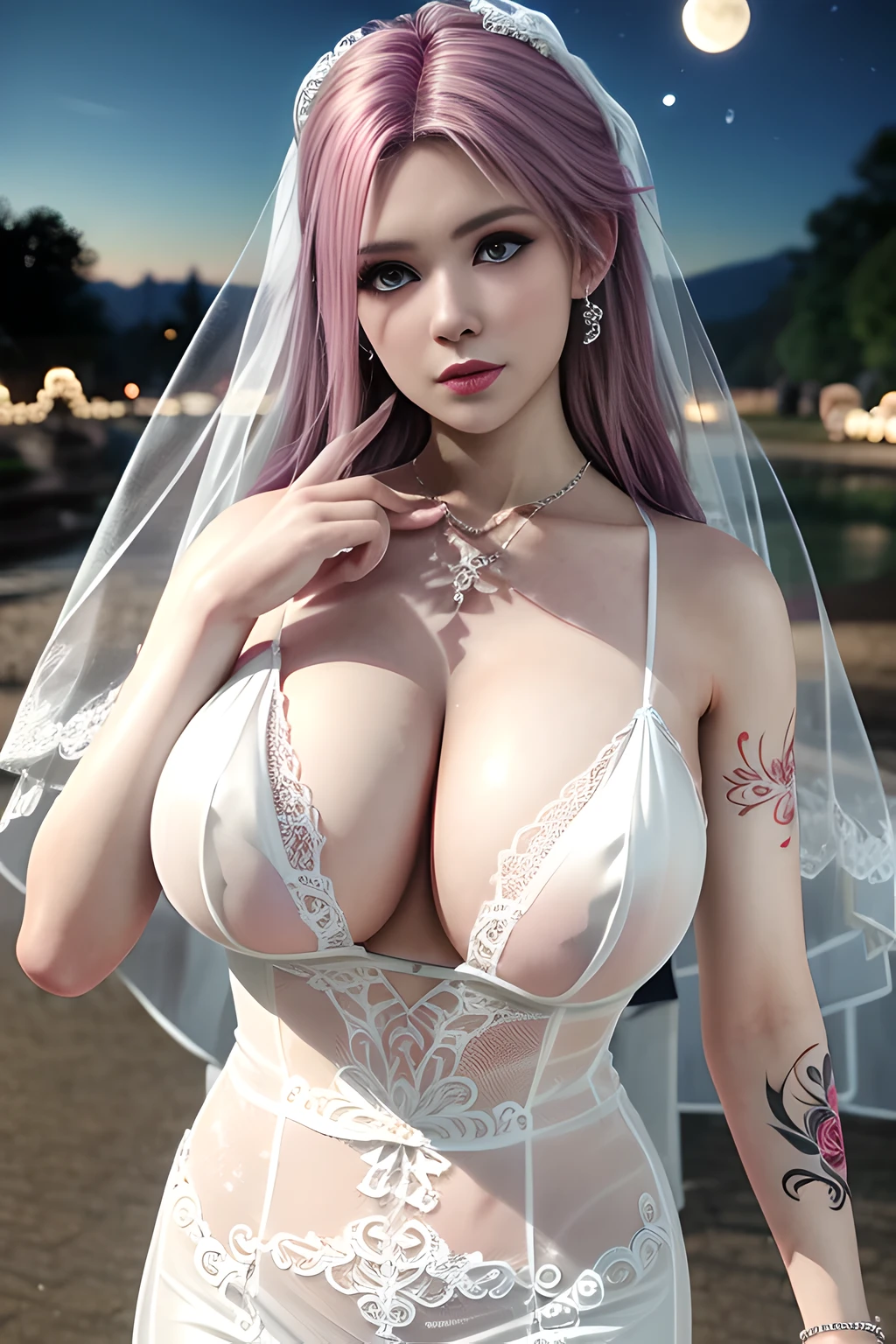 1 girl,lean over WINK,((  Wedding Dress, see-through)), outdoor,elegant,nighttime,moonlighe,shiny skin,( huge breasts:1.1), lip gloss,( tattoos:1.3), masterpiece, best quality, realistic ,Surrealism,natural colors art in 8k,soft shadows,Portrait art,solo,  elise,