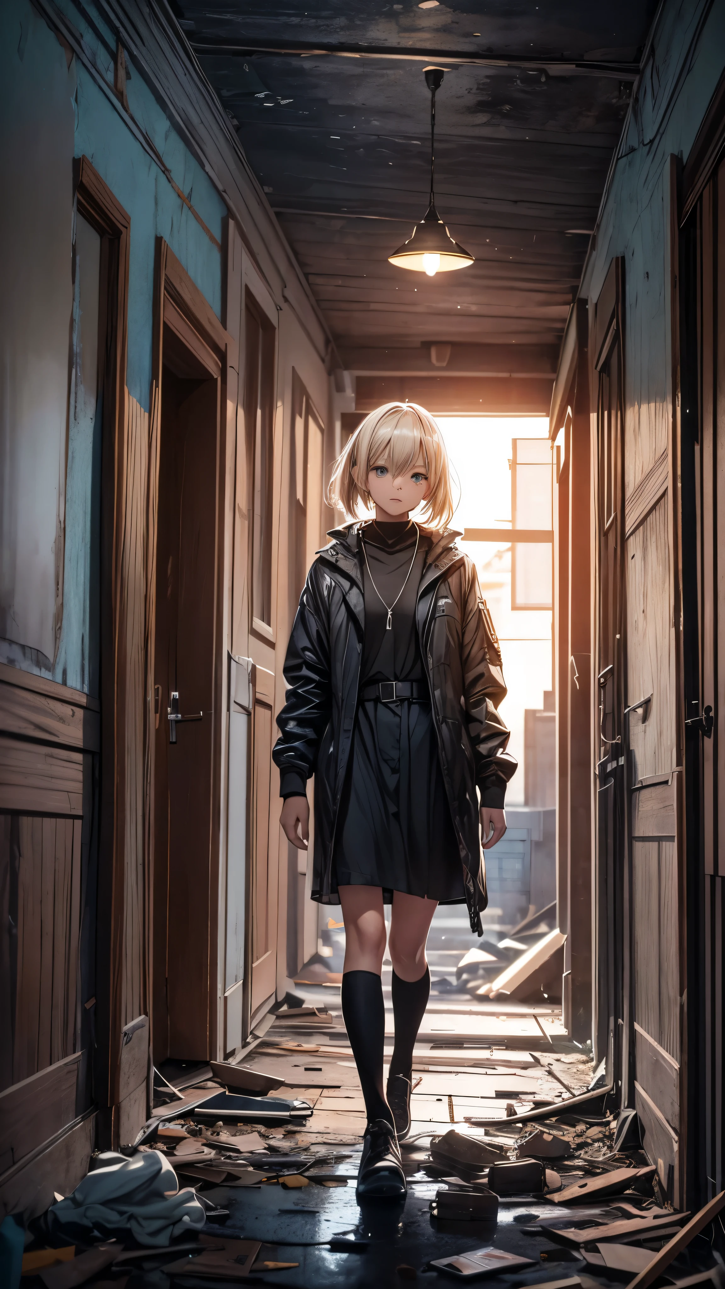 Outside the dark night,Inside the abandoned house,Inside the dark huge room,one woman 20years old,short blonde hair,she’s wearing army’s style,the woman is standing on the dark room,(woman close up)