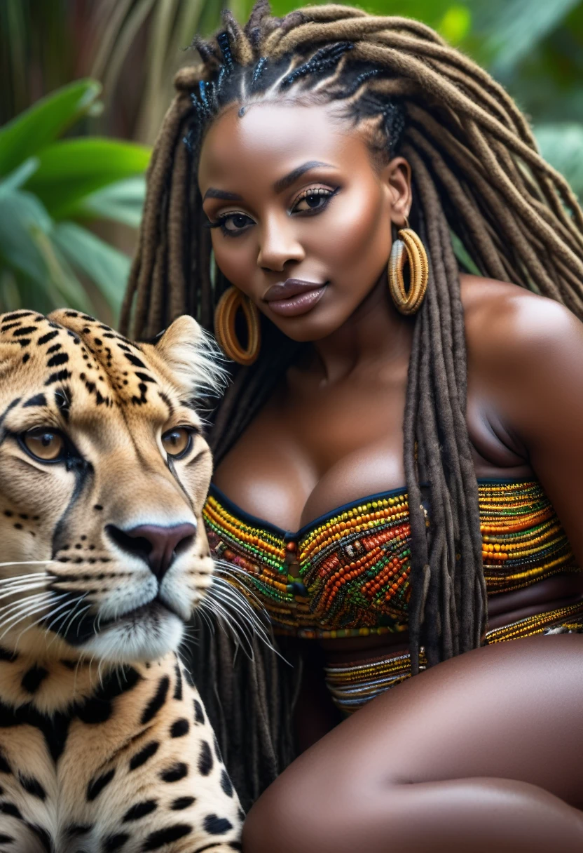 ((best quality)), ((masterpiece)), (detailed), (close up), (headshot), dark skin, perfect face beautiful African woman with beaded dreads, snuggling a panther, with Panthers, surrounded by Panthers, HDR, 4K, 3D