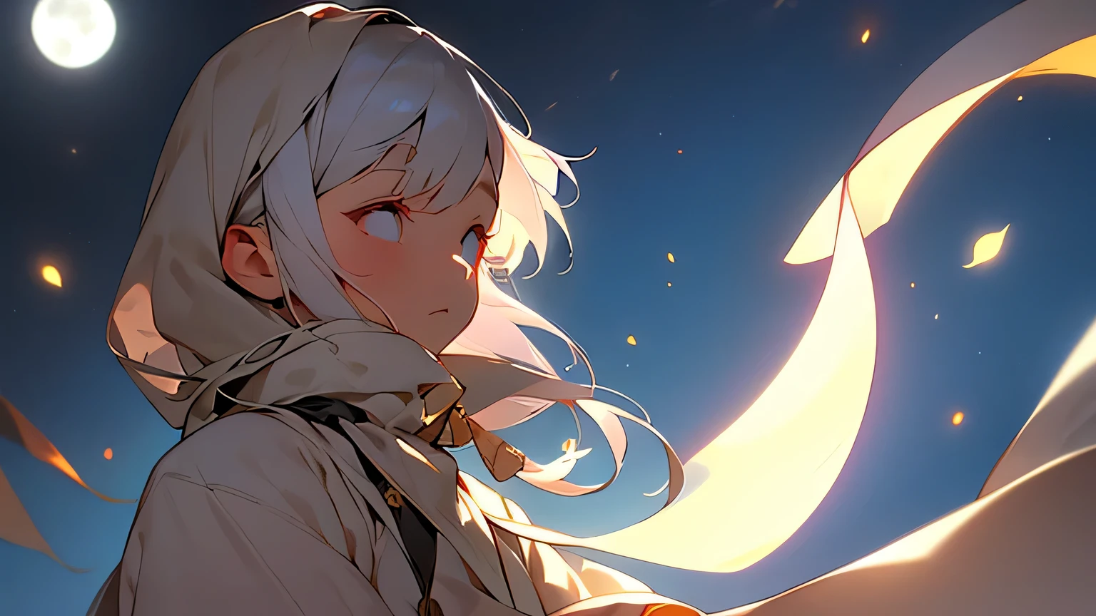 White cloth ghost Flying in the night sky A full moon filling the entire field of vision Shrine grounds Backlit by the moon The ghost's hair is brown The hair covers the whole face The bangs are down to the chin