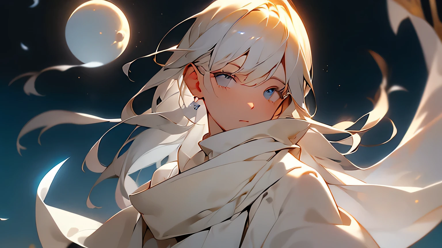 White cloth ghost Flying in the night sky A full moon filling the entire field of vision Shrine grounds Backlit by the moon The ghost's hair is brown One strand of hair is covering the entire face