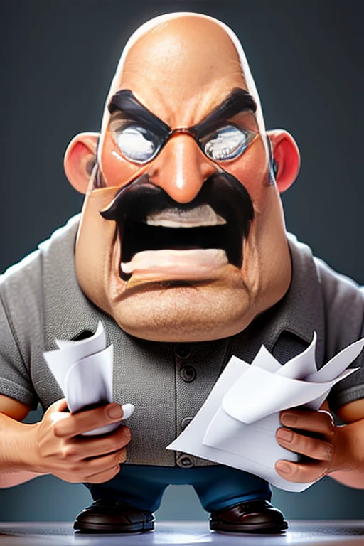 cartoonish style, COLORFUL,MASTERPIECE,BEST QUALITY,AN GUY,angry boss,holding paper sheets,BALD,,funny nose,thick mustache,funkoPop character
