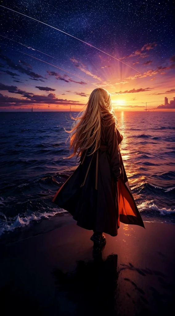 1people々々々々々々々々々々々々,Blonde long-haired woman,Long coat, Dress Silhouette, Rear View,Space Sky, , Anime Style, sunset,The boundary between sea and space,