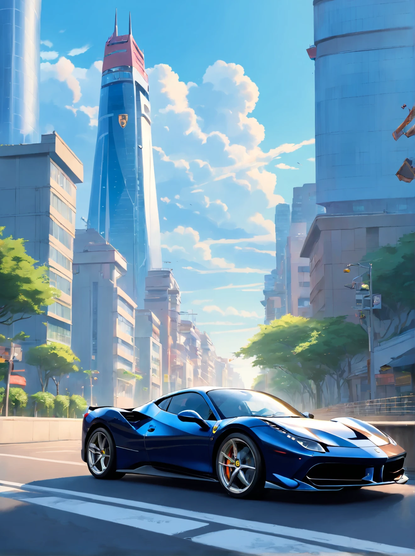 (Best quality, 8k, Masterpiece :1.2), hyper realistic, at a mountain, an detailed black Ferrari 488, Speeding on the highway, (Facing the audience), The blue skyscraper in the background, during the day, blue sky, few clouds