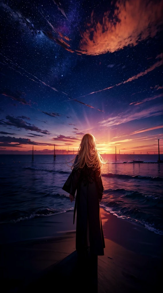 1people々々々々々々々々々々々々,Blonde long-haired woman,Long coat, Dress Silhouette, Rear View,Space Sky, , Anime Style, sunset,The boundary between sea and space,