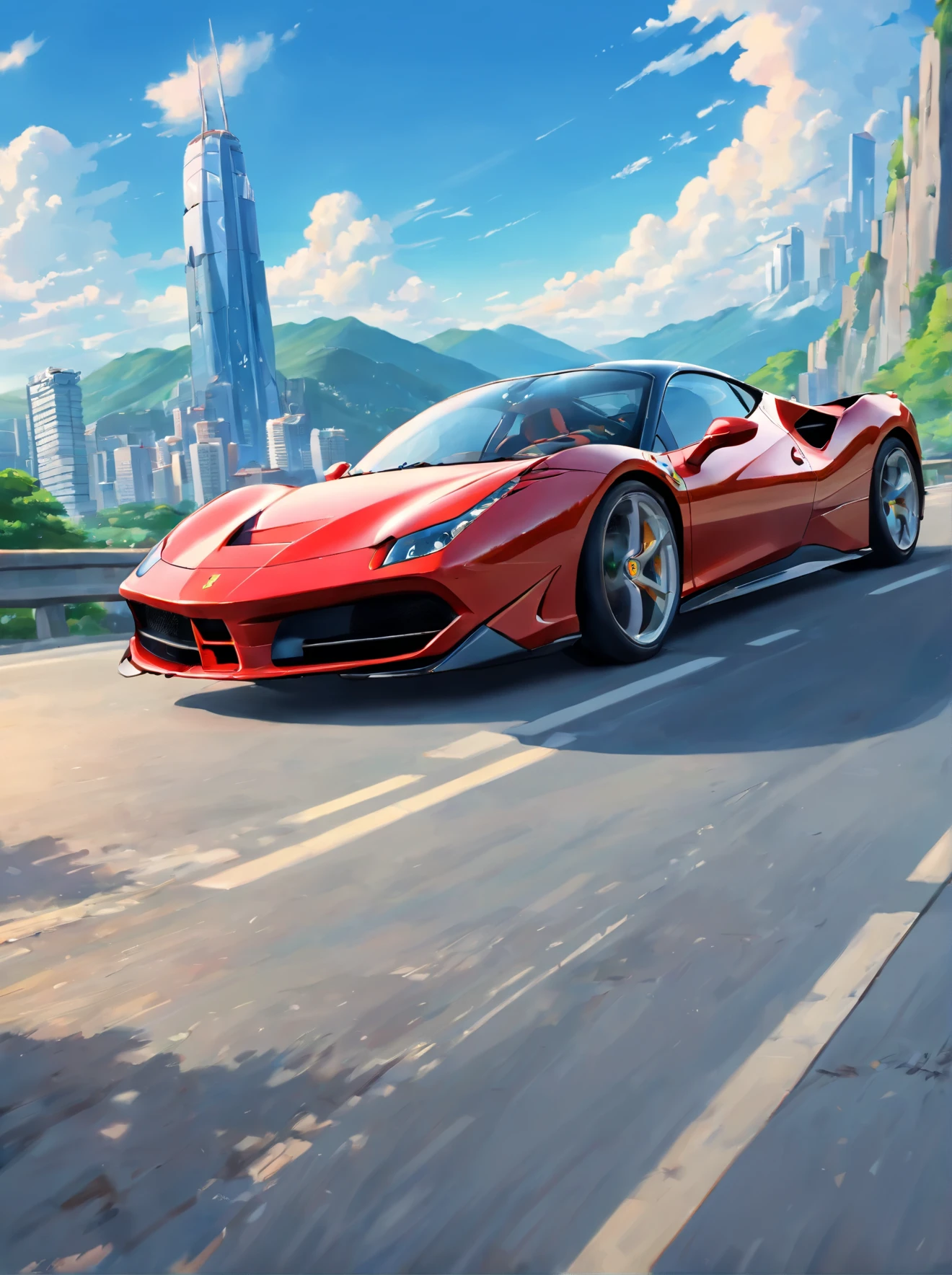 (Best quality, 8k, Masterpiece :1.2), hyper realistic, at a mountain, an detailed black Ferrari 488, Speeding on the highway, (Facing the audience), The blue skyscraper in the background, during the day, blue sky, few clouds