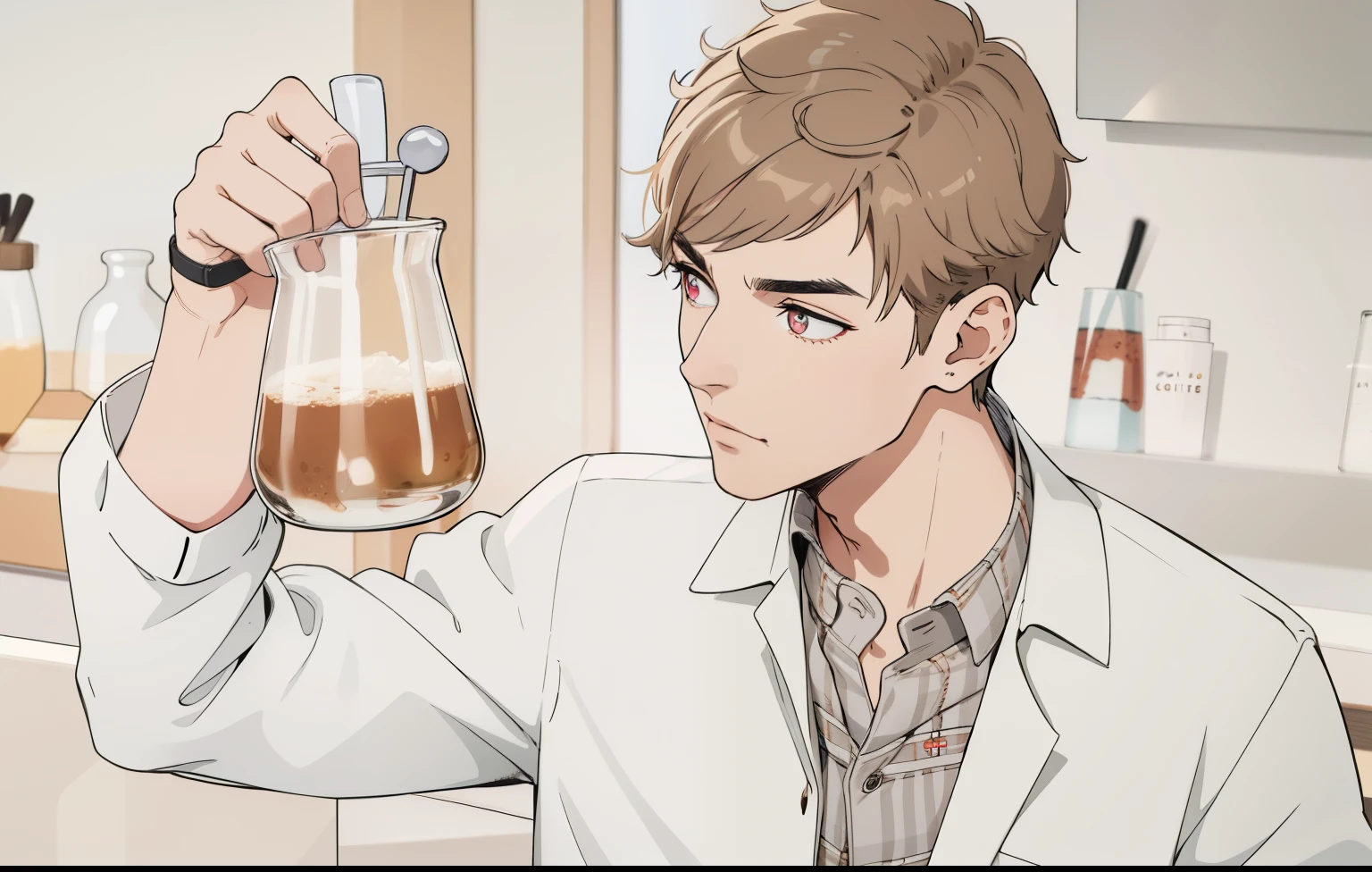 hay un joven de cabello cafe ojos cafe experimentando con quimicos