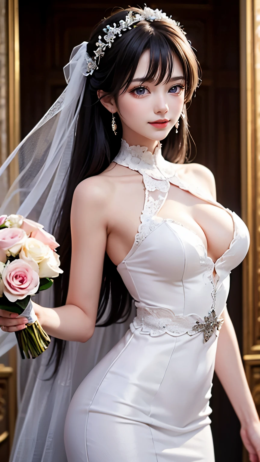 (Very delicate and beautiful:1.2)Supermodel,,Big Breasts,Beautiful breasts,Tight waist、Small Ass、super high quality,8k,One Girl,bride,White lace dress,Bouquet of roses in hand,And the sun was shining bright,And the sun was shining bright,Vibrant colors、highest quality, High resolution, 8k,, Sharp details, White floral dress, 21 years old、smile、Slim figure、Black Hair、bangs、Random Hairstyles、Couple, 1 male、1 female, Highly detailed face, ((長い暗い黒のbangsと紫色の目をした女性)), 短い暗褐色の髪とMan with dark grey eyes性, Face to face, Victorian era, (A woman is wearing a wedding dress and holding flowers), (スーツを着たsmileの男性), Dim Light, The boy is tall, (marry), (Woman with deep purple eyes), (Man with dark grey eyes), At a wedding
