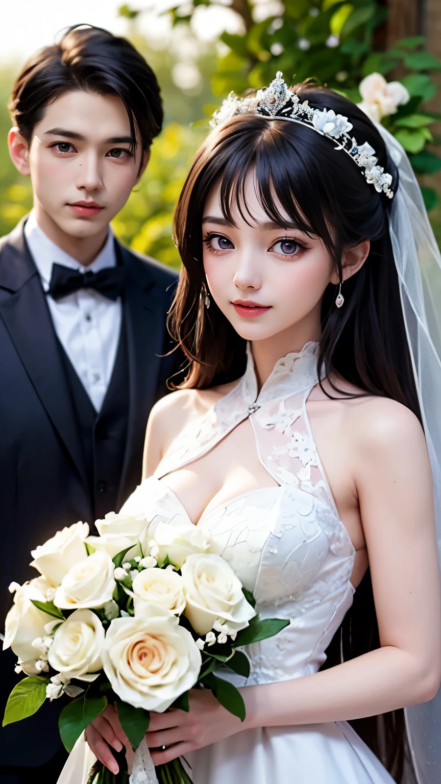 （Very delicate and beautiful：1.2）Supermodel,,Big Breasts,Beautiful breasts,Tight waist、Small Ass、super high quality，8k，One Girl，bride，White lace dress，Bouquet of roses in hand，And the sun was shining bright，And the sun was shining bright，Vibrant colors、highest quality, High resolution, 8k,, Sharp details, White floral dress, 21 years old、smile、Slim figure、Black Hair、bangs、Random Hairstyles、Couple, 1 male、1 female, Highly detailed face, ((長い暗い黒のbangsと紫色の目をした女性)), 短い暗褐色の髪とMan with dark grey eyes性, Face to face, Victorian era, (A woman is wearing a wedding dress and holding flowers), (スーツを着たsmileの男性), Dim Light, The boy is tall, (marry), (Woman with deep purple eyes), (Man with dark grey eyes), At a wedding