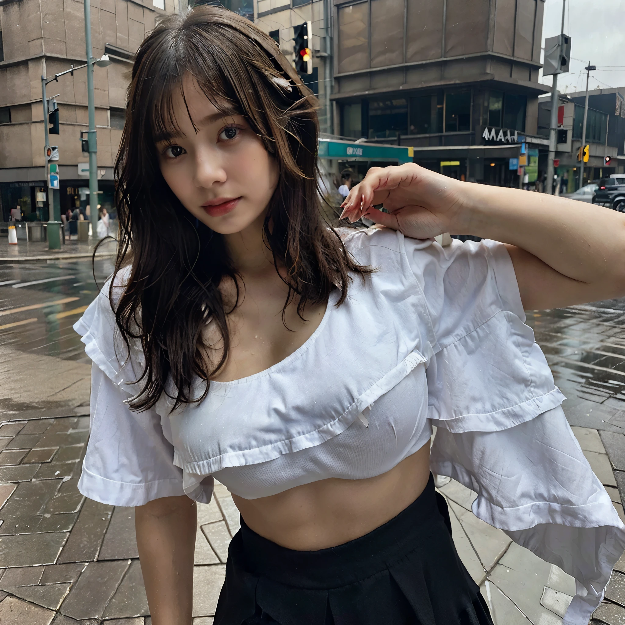 ((Best Quality, 8K, Masterpiece:1.3)), Focus:1.2, Perfect Body Beauty:1.4, Buttocks:1.2, ((Layered Haircut, Breasts:1.2)), (Wet Clothes:1.1) , (Rain, Street:1.3), Skinny Crop T-shirt: 1.1, Crinkled skirt, highly detailed face and skin texture, Fine eyes, Double eyelids, whitening skin, long hair, (Shut up: 1.3),