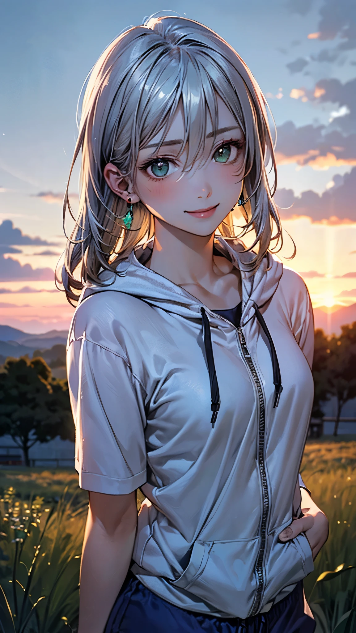 (masterpiece:1.2, top-quality), (realistic, photorealistic:1.4), beautiful illustration, (natural side lighting, movie lighting), ,
looking at viewer, (face focus, upper body), 1 girl, japanese, high school girl, perfect face, perfect hands, babyface, (perfect anatomy:1.4), cute and symmetrical face,
(medium hair, straight hair, blonde hair), hair between eyes, emerald green eyes, long eye lasher, (medium breasts), slender, white skin, shiny skin,
beautiful hair, beautiful face, beautiful detailed eyes, beautiful clavicle, beautiful body, beautiful chest, beautiful thigh, beautiful legs, beautiful hands,
(detailed cloth texture, (silver hoodie, navy blue jogger pants, earrings)), hair flutters in the wind,
(beautiful scenery), early evening, big sunset, orange view, (meadow), walking, (cheerful smile),