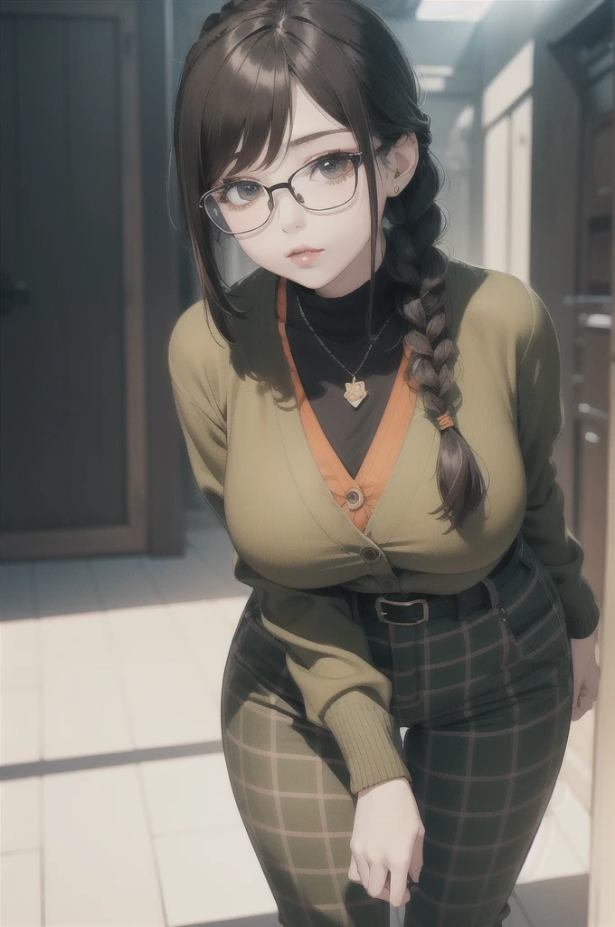 (masterpiece1.5),adult lady,Huge breasts,Solo,(((braid))), Long hair, half-opened mouth,(Red Frame Glasses),(Black hair), (large eyes with double eyelids),(Thick lip),(lofty nose),(High gauge (tight fitted:1.1) (Black:1.3) turtle neck:1.1), (Tuck-in:1.3), (Orange Cardigan:1.2), (checkered (Dark olive green) Tapered pants:1.3), Dark brown belt, Gold necklace, (Dark brown:1.1) lowfers,Nice backgrounds for your subject、beatiful backgrounds、spot light、Vibrant colors、(((Detailed drawing)))、Perfect Beautiful Girl
