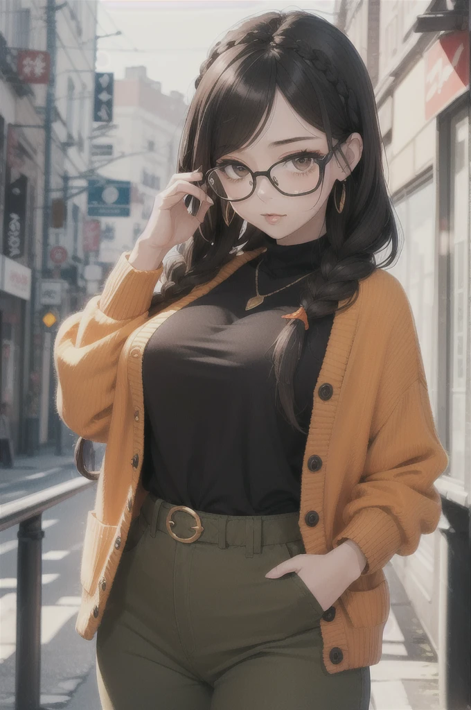 (masterpiece1.5),adult lady,Huge breasts,Solo,(((braid))), Long hair, half-opened mouth,(Red Frame Glasses),(Black hair), (large eyes with double eyelids),(Thick lip),(lofty nose),(High gauge (tight fitted:1.1) (Black:1.3) turtle neck:1.1), (Tuck-in:1.3), (Orange Cardigan:1.2), (checkered (Dark olive green) Tapered pants:1.3), Dark brown belt, Gold necklace, (Dark brown:1.1) lowfers,Nice backgrounds for your subject、beatiful backgrounds、spot light、Vibrant colors、(((Detailed drawing)))、Perfect Beautiful Girl