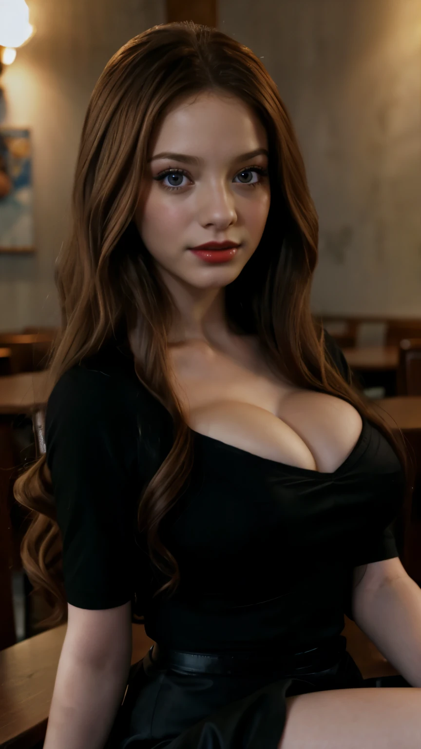 (Full body), sfw, forehead, teen, youthful, teenager, detailed eyes, blue eyes, long eyelashes, super long hair, curly hair, looking at viewer, cute centerfold, perfect lips, realism, slim, cleavage, cleavage bulge, heaving breasts, no nipples, barbie doll anatomy, huge breasts, thin waist, sitting across from viewer in a dark restaurant, wearing a black shirt, leaning forward, showing off her cleavage, dark makeup, red lips