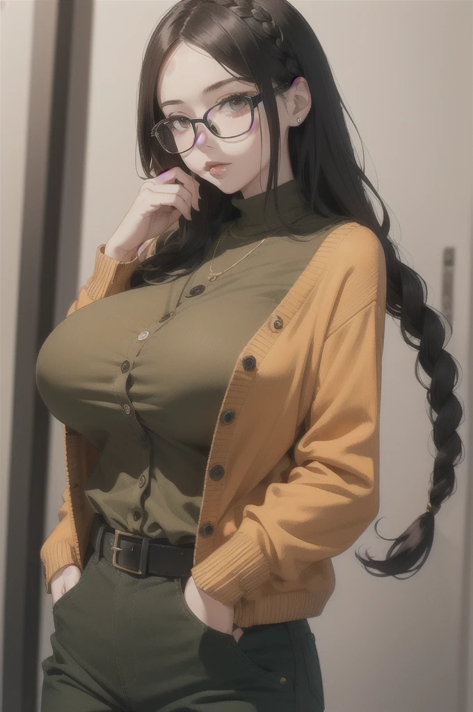 (masterpiece1.5),adult lady,Huge breasts,Solo,(((braid))), Long hair, half-opened mouth,(Red Frame Glasses),(Black hair), (large eyes with double eyelids),(Thick lip),(lofty nose),(High gauge (tight fitted:1.1) (Black:1.3) turtle neck:1.1), (Tuck-in:1.3), (Orange Cardigan:1.2), (checkered (Dark olive green) Tapered pants:1.3), Dark brown belt, Gold necklace, (Dark brown:1.1) lowfers,Nice backgrounds for your subject、beatiful backgrounds、spot light、Vibrant colors、(((Detailed drawing)))、Perfect Beautiful Girl