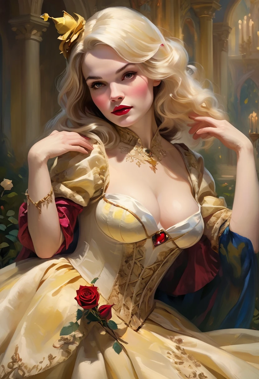 In a magical fusion of fairy tales, the enchanting Snow White, with her timeless grace and kindness, finds herself amidst the opulent setting of the Beauty and the Beast theme. As she navigates the grand halls and enchanted rose gardens, her presence brings a sense of purity and compassion to the majestic surroundings. The dynamic structure is evident as Snow White interacts with the lavish setting, creating a visually captivating and enchanting scene that intertwines the essence of both tales, evoking a sense of wonder and nostalgia.