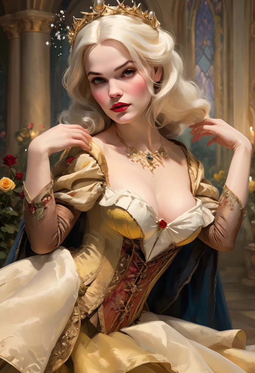 In a magical fusion of fairy tales, the enchanting Snow White, with her timeless grace and kindness, finds herself amidst the opulent setting of the Beauty and the Beast theme. As she navigates the grand halls and enchanted rose gardens, her presence brings a sense of purity and compassion to the majestic surroundings. The dynamic structure is evident as Snow White interacts with the lavish setting, creating a visually captivating and enchanting scene that intertwines the essence of both tales, evoking a sense of wonder and nostalgia.