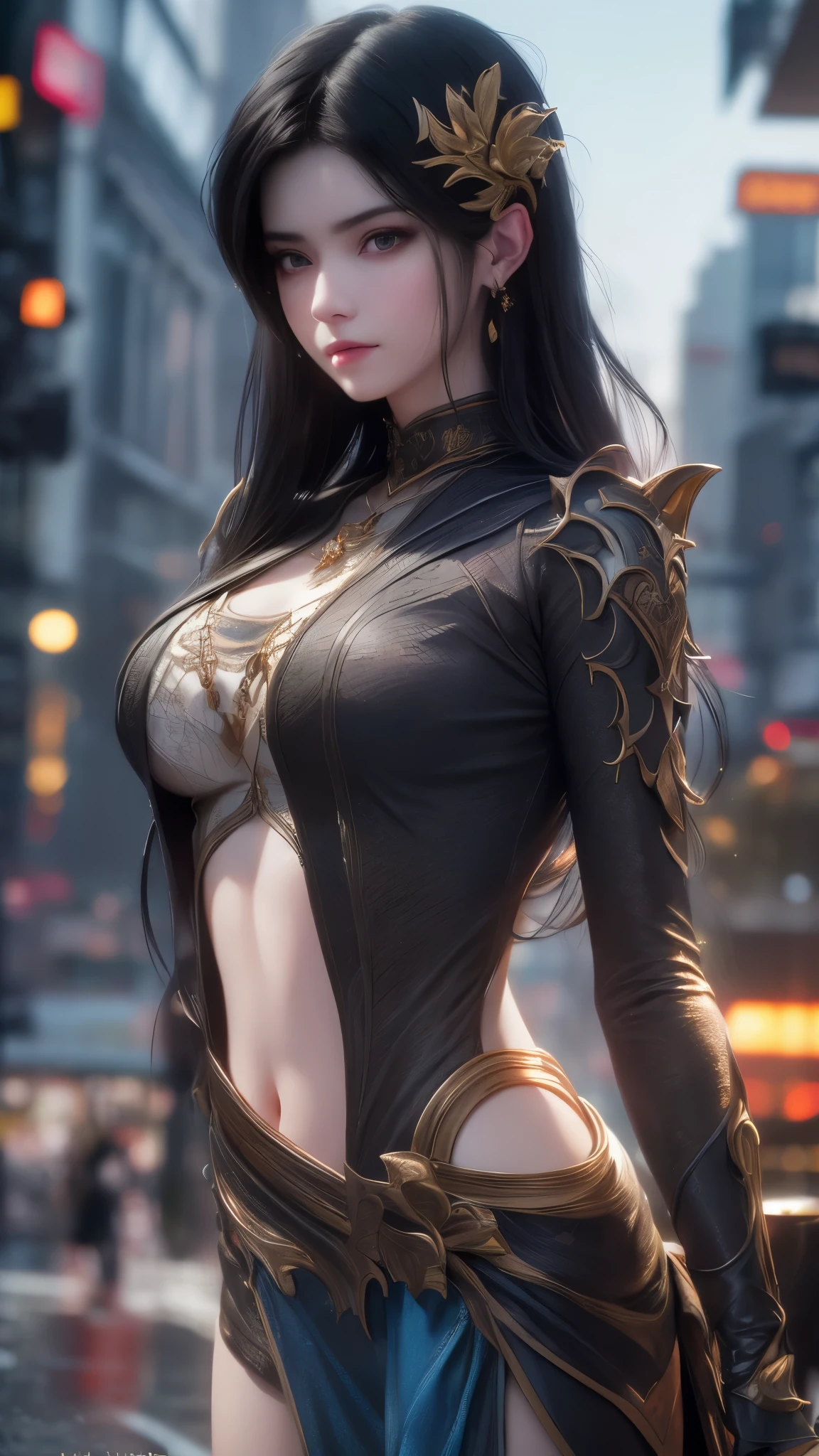 (8K, Best Quality, Masterpiece:1.2), (Realistic, Photo Realistic:1.37), Ultra Detail, Best Quality, Ultra High Resolution, Professional Lighting, Photon Mapping, Radio City, Physically based rendering, Cinematic lighting, pedestrian street, Depth of field in rain, Sharp focus,Sunbeams, good composition,(Bokeh:1.2) 1girll,Solo,(see close up), Beautiful detailed eyes, Cold face, Posture, Narrow waist, Medium bust, (Random colorful clothes), Black hair, Messy hair, long hair floating in the wind, (Ulzzang- 6500:1.2)